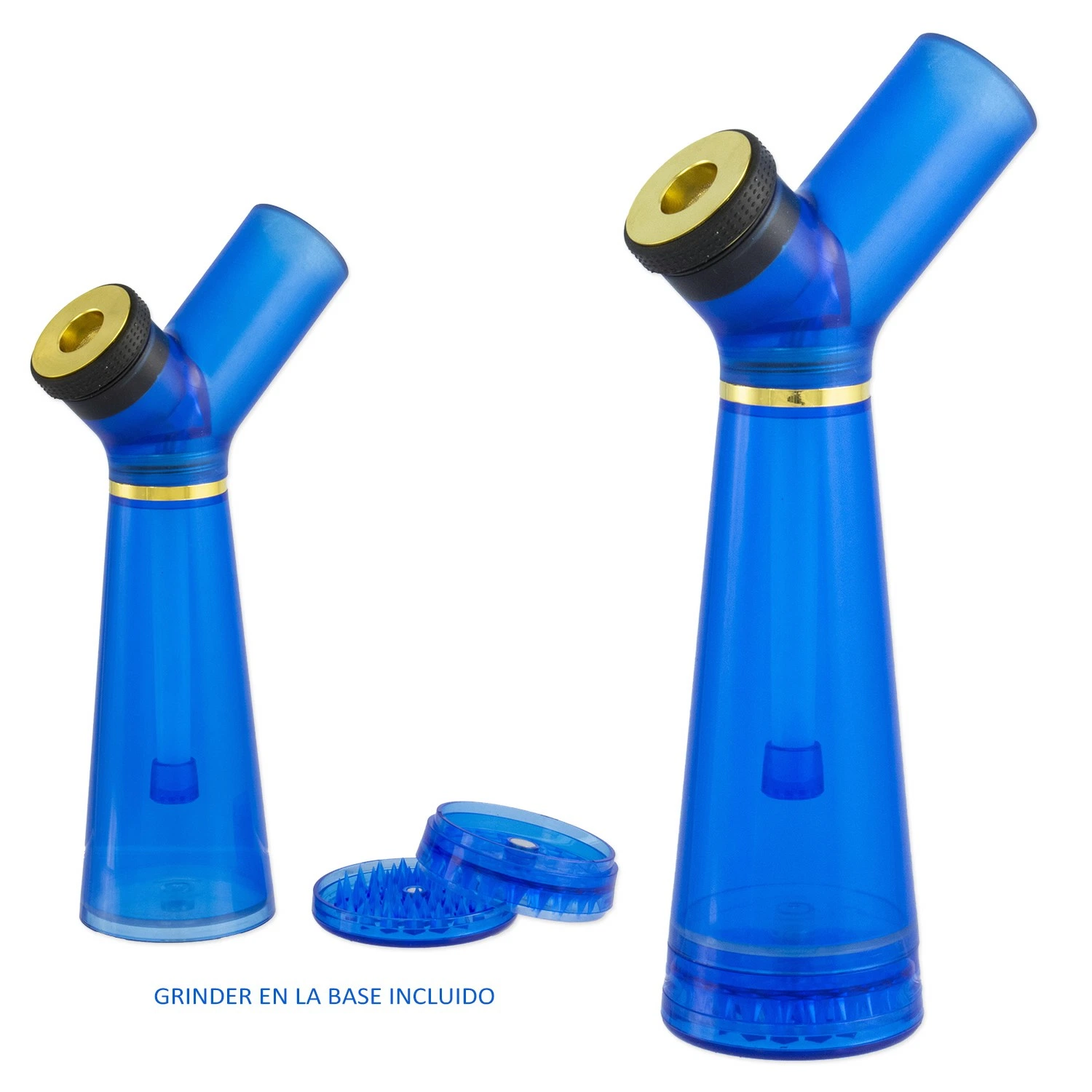 Bong acrílico azul con boquilla inclinada y cazoleta lateral, mostrado con el grinder de la base montado y separado.