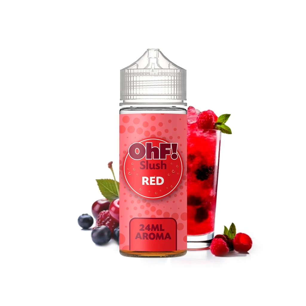 Frasco OhF! Slush Red con tapón transparente y etiqueta rosa de 24 ml de aroma, ante un vaso de bebida roja y frutos rojos.