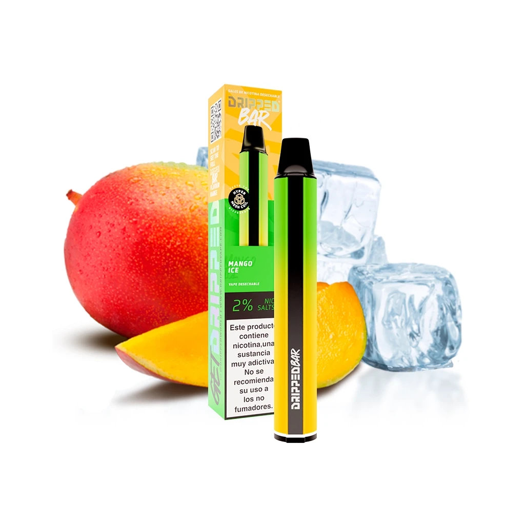 Vapeador Dripped Bar Mango Ice verde y amarillo junto a su caja, con un mango entero, trozos de fruta y cubitos de hielo al fondo.