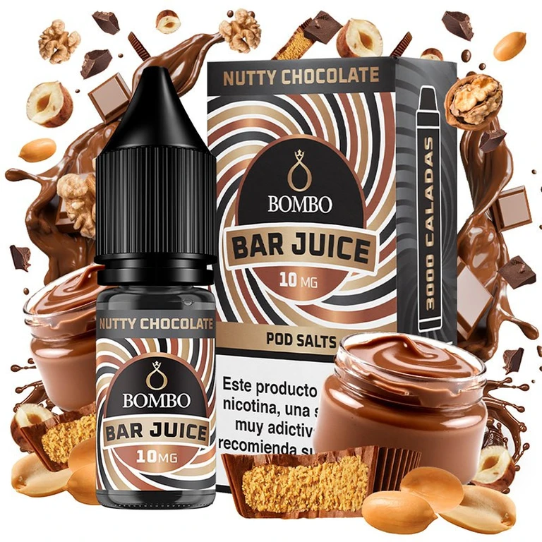 Frasco y caja de Nutty Chocolate Bar Juice de Bombo con etiqueta de 10 mg, rodeados de chocolate, frutos secos y crema de chocolate.