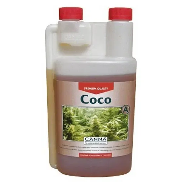 Envase de Canna Coco A con tapones rojos, compartimento dosificador lateral y etiqueta con plantas de cannabis. Envase de Canna Coco A con tapones rojos, compartimento dosificador lateral y etiqueta con plantas de cannabis.