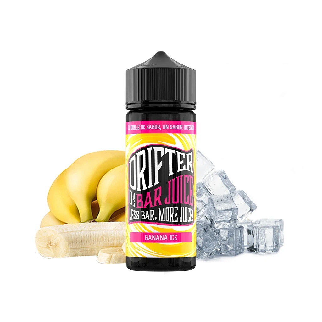 Bote Drifter Bar Banana Ice con tapón negro y etiqueta amarilla y rosa, acompañado de plátanos y cubitos de hielo sobre fondo blanco.