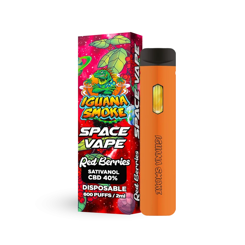 Pod naranja Space Vape Red Berries con boquilla negra, junto a su caja Iguana Smoke con ilustraciones de hojas y frutos rojos.