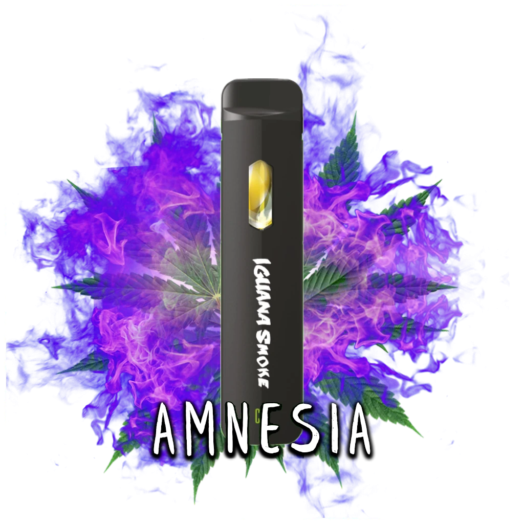 Vaper negro Iguana Smoke Amnesia con ventana amarilla, rodeado de hojas de cannabis y humo violeta sobre fondo negro.