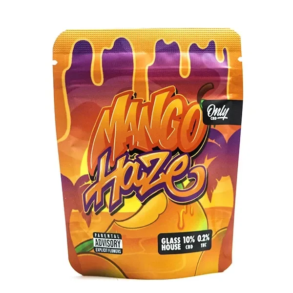 Bolsa de Mango Haze de OnlyCBD en tonos naranja, amarillo y morado, con letras grandes y una ilustración de mango.