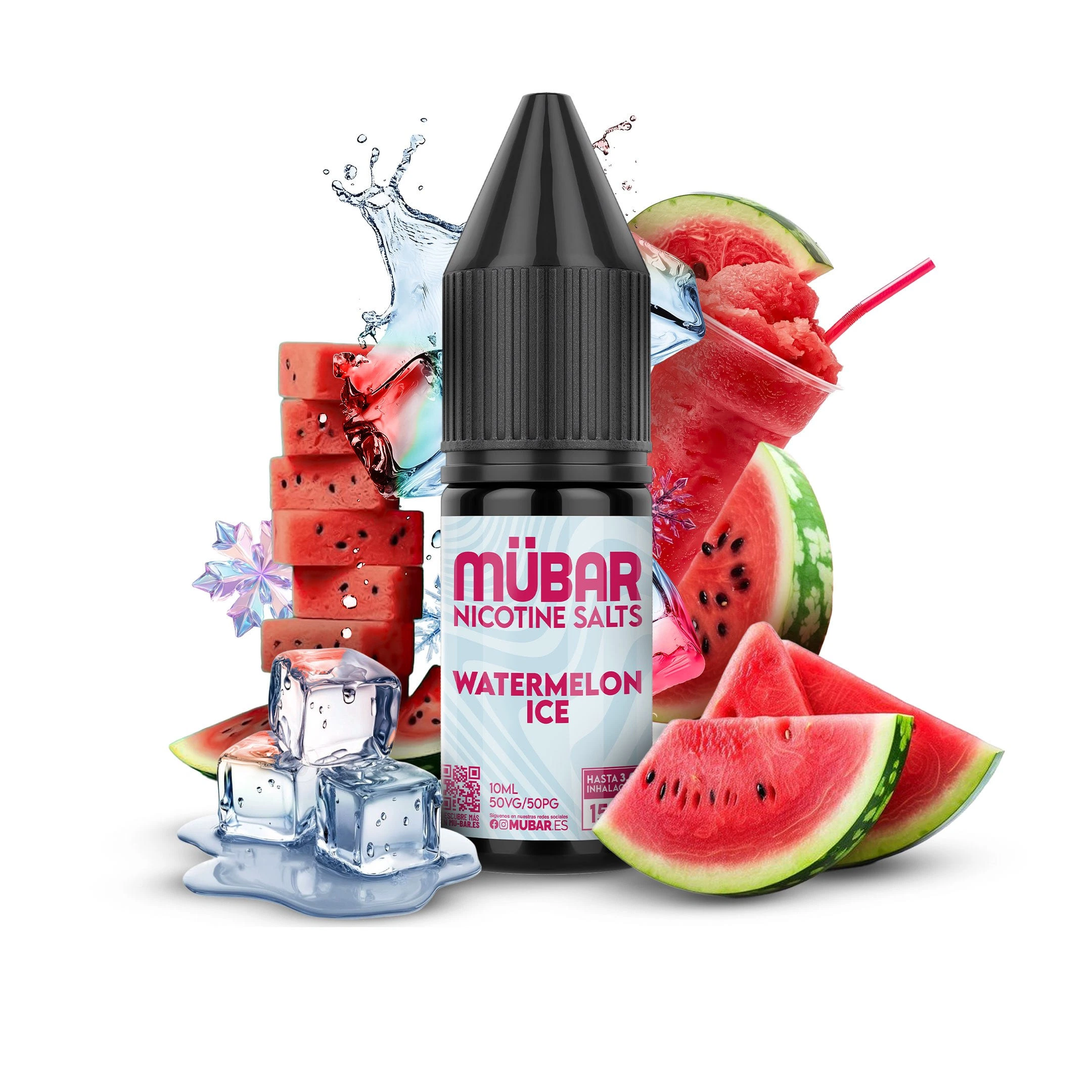 Frasco MÜBAR Nicotine Salts Watermelon Ice con tapón negro, rodeado de sandía, cubitos de hielo y un granizado rojo.