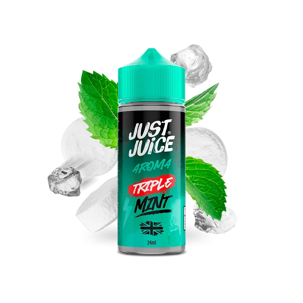 Bote Just Juice Triple Mint de 24 ml con tapón turquesa, acompañado de hojas de menta y hielo sobre fondo blanco.