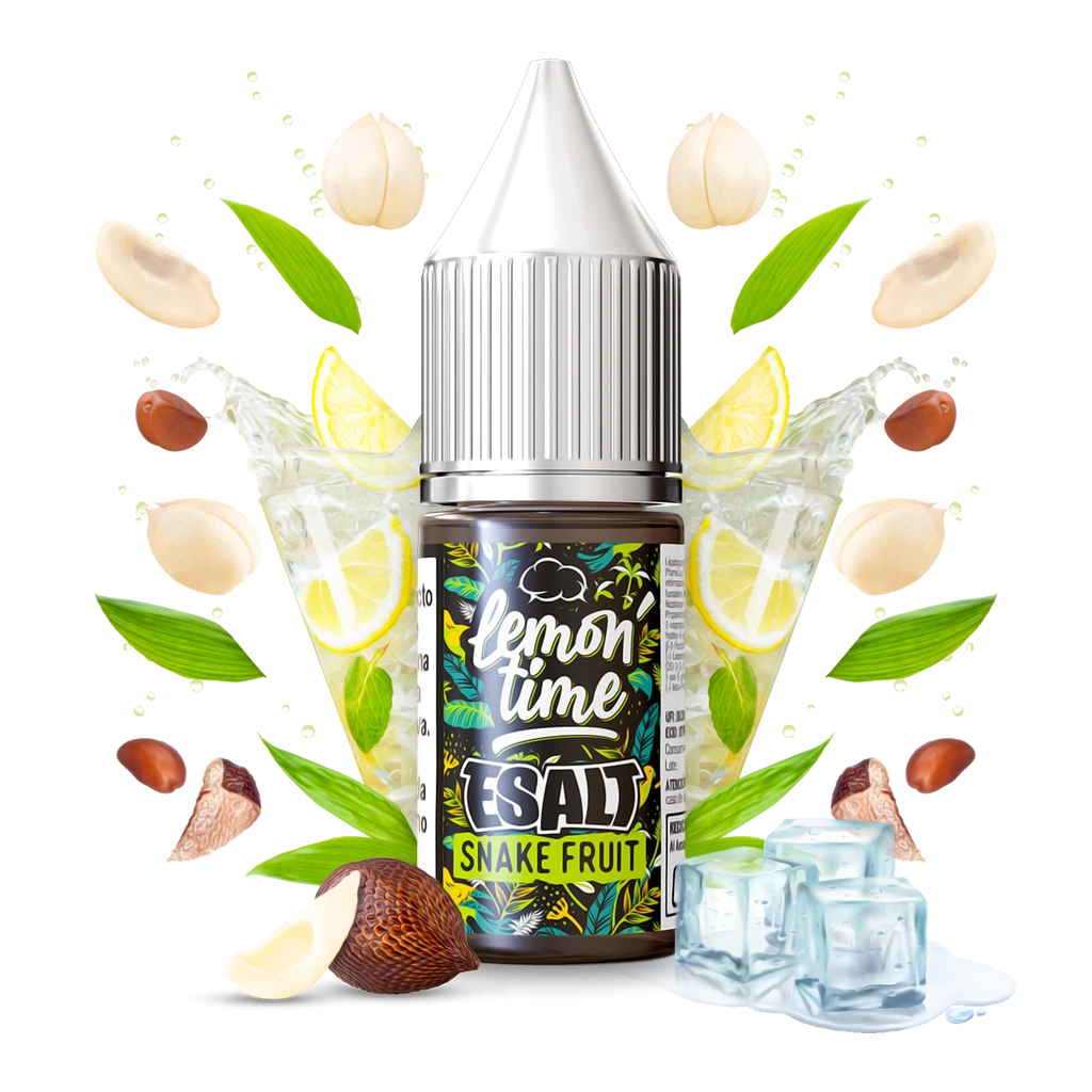 Frasco Lemon Time Snake Fruit E-salt con tapón blanco, rodeado de limones, frutos de piel escamosa, hojas y cubitos de hielo sobre fondo negro.