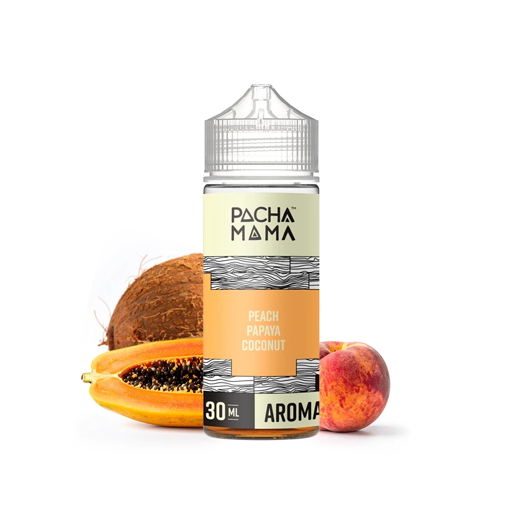 Botella de Pachamama Peach Papaya Coconut Longfill con tapón transparente, junto a una papaya abierta, un coco y un melocotón.