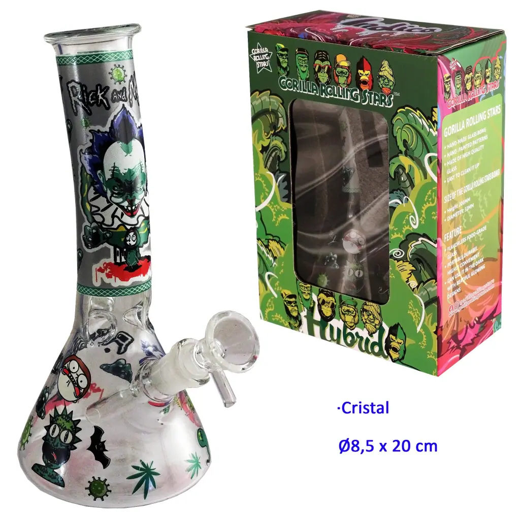 Bong de cristal Hybrid con base ancha, cazoleta lateral y dibujos verdes de personajes, junto a su caja decorada.