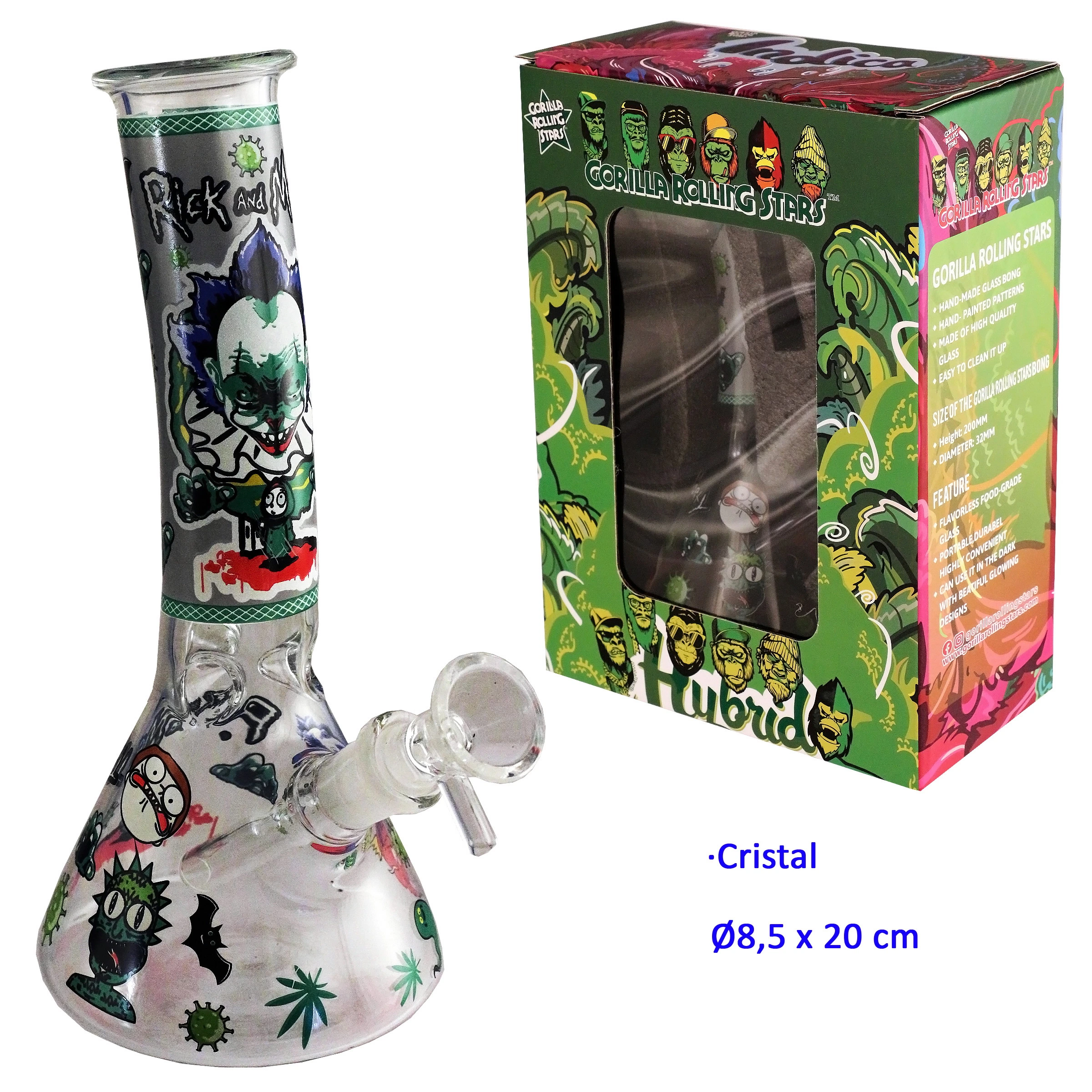 Bong de cristal Hybrid con base ancha, cazoleta lateral y dibujos verdes de personajes, junto a su caja decorada.