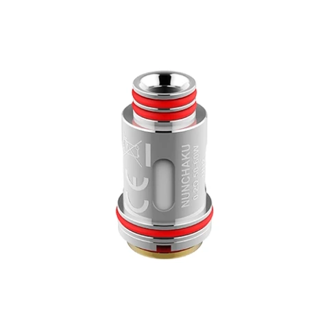 Resistencia Uwell Nunchaku 2 de acabado plateado, con juntas rojas, abertura superior y ventanas laterales.