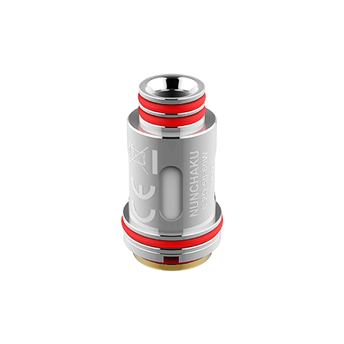 Resistencia Uwell Nunchaku 2 Coil de cuerpo plateado, con juntas rojas, abertura superior circular y una ventana lateral alargada sobre fondo blanco.