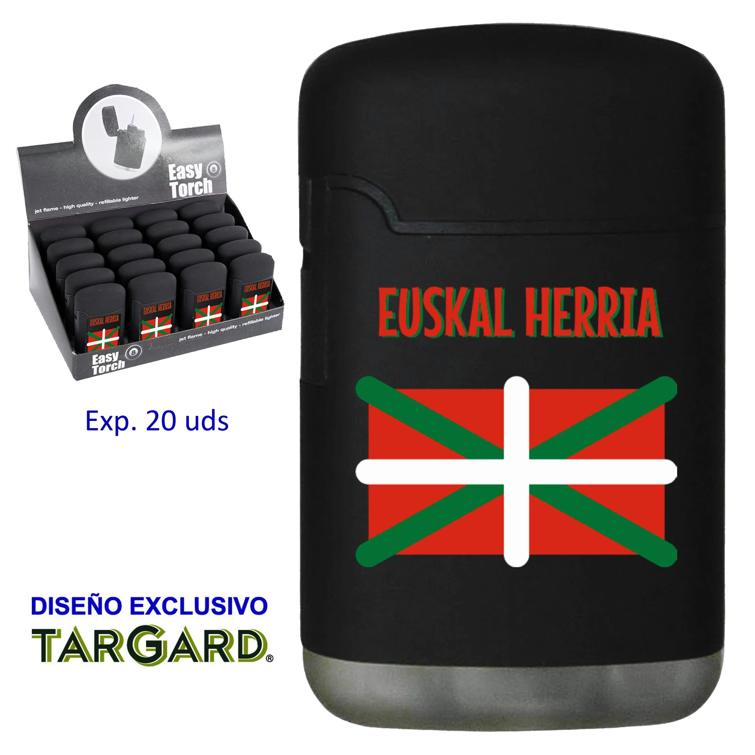 Encendedor negro con ikurriña y texto «Euskal Herria», ampliado junto a un expositor con varias unidades del mismo diseño.