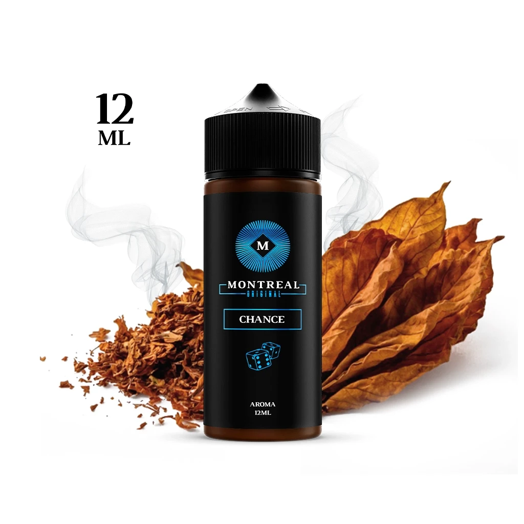 Frasco Montreal Original Chance con etiqueta negra y azul, rodeado de hojas de tabaco y tabaco picado; indica 12 ml.