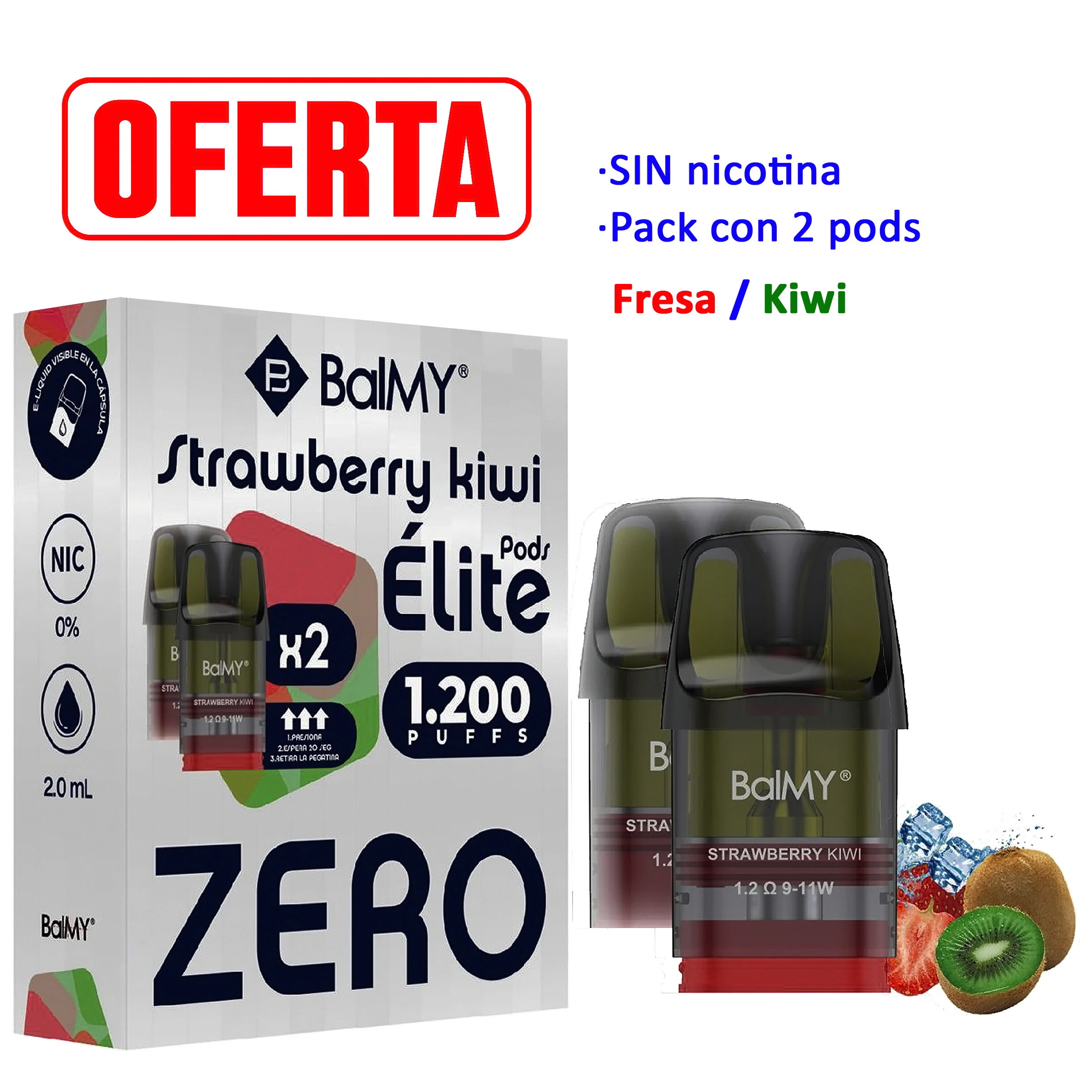 Caja y pods BALMY ÉLITE Strawberry-Kiwi con boquillas negras, texto «sin nicotina» e ilustraciones de fresa y kiwi sobre fondo blanco.