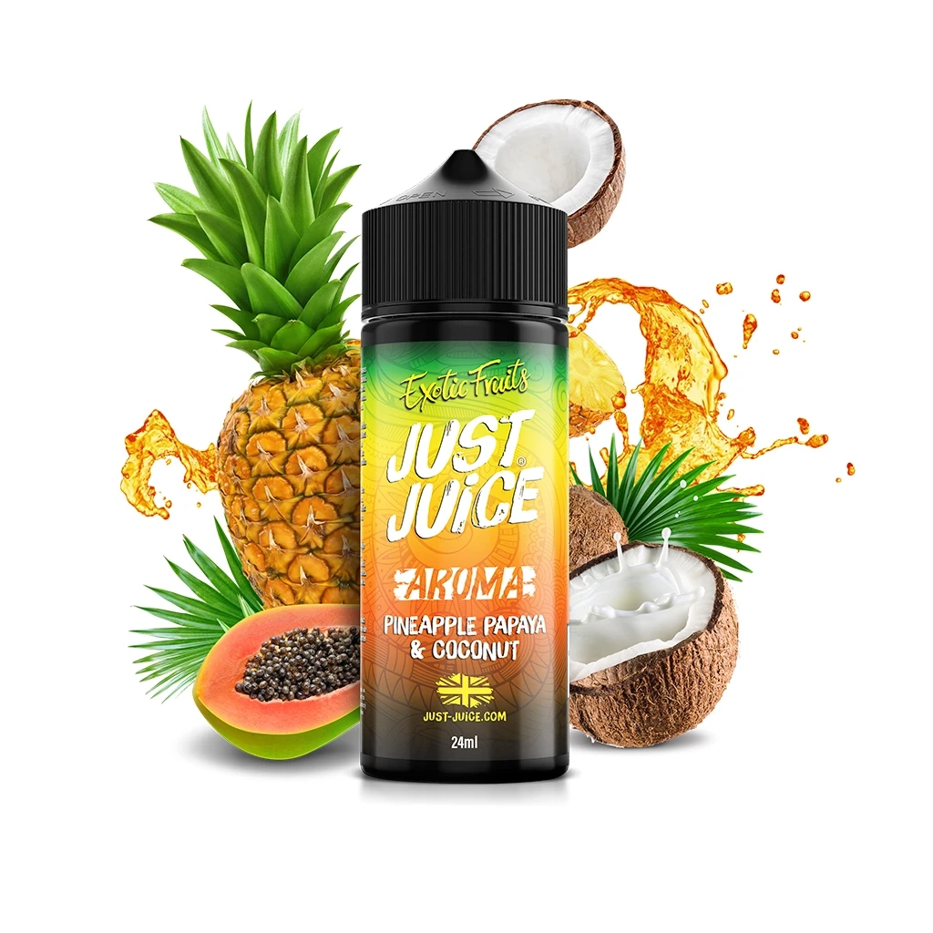Frasco Just Juice Exotic Fruits Pineapple Papaya & Coconut de 24 ml, con piña, papaya abierta, coco y salpicaduras alrededor.