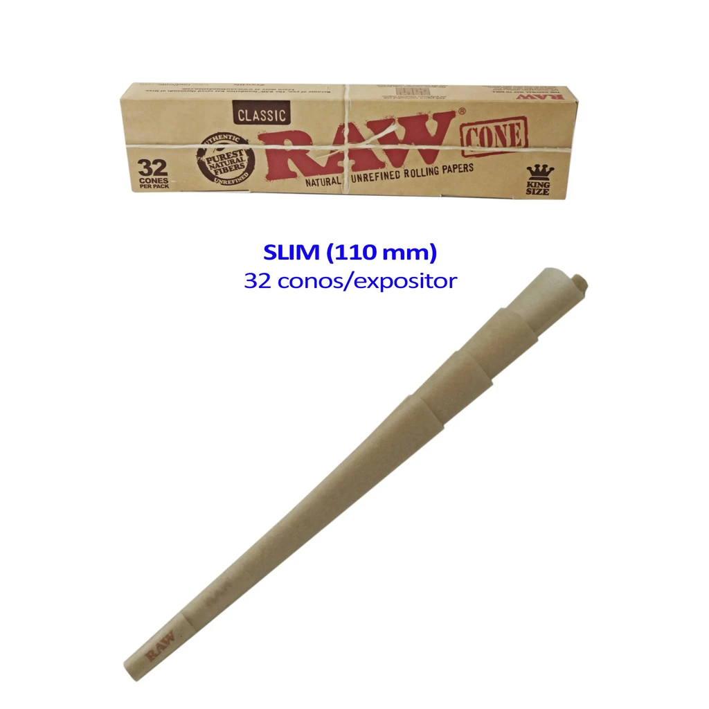 Caja RAW Classic King Size Slim y cono de papel marrón dispuesto en diagonal, con el texto «32 conos/expositor» sobre fondo blanco.