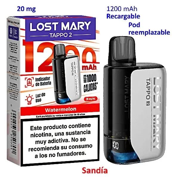 Lost Mary TAPPO 2 negro y plateado junto a su caja Watermelon, con textos de 20 mg, 1200 mAh, recargable y pod reemplazable.