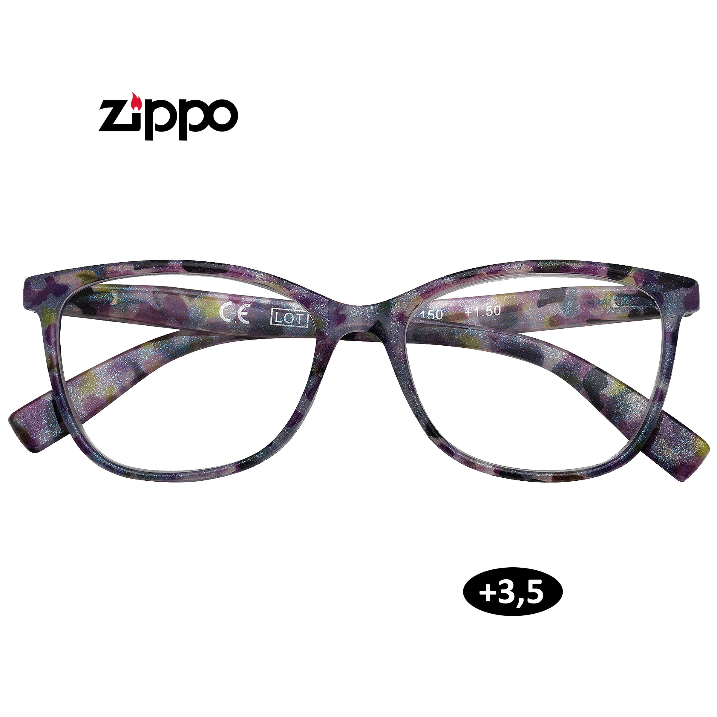 Gafas de lectura Zippo de graduación +3,50, con montura rectangular de patrón multicolor oscuro y patillas cruzadas sobre fondo blanco.