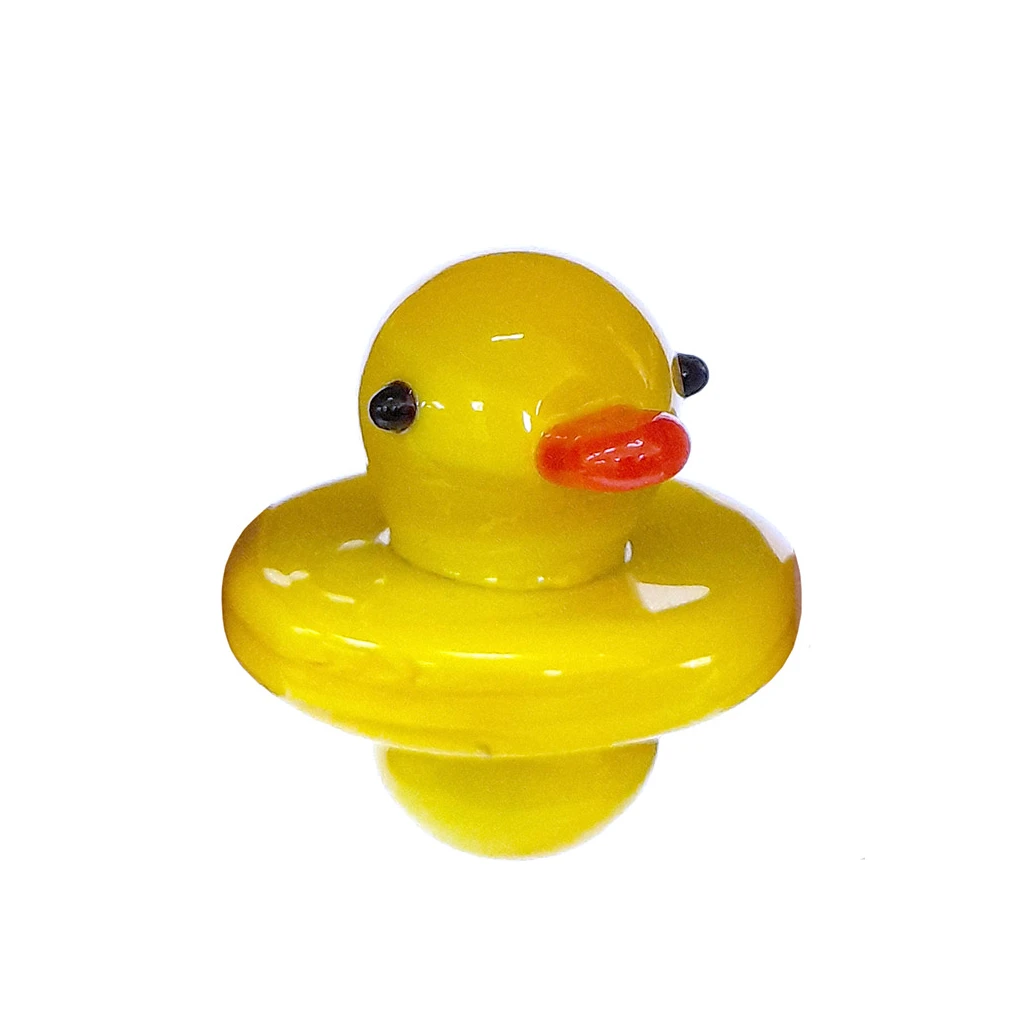 Tapa de vidrio Carb Cup Bubble Duck con figura de pato amarillo, pico naranja y ojos negros sobre una base circular.