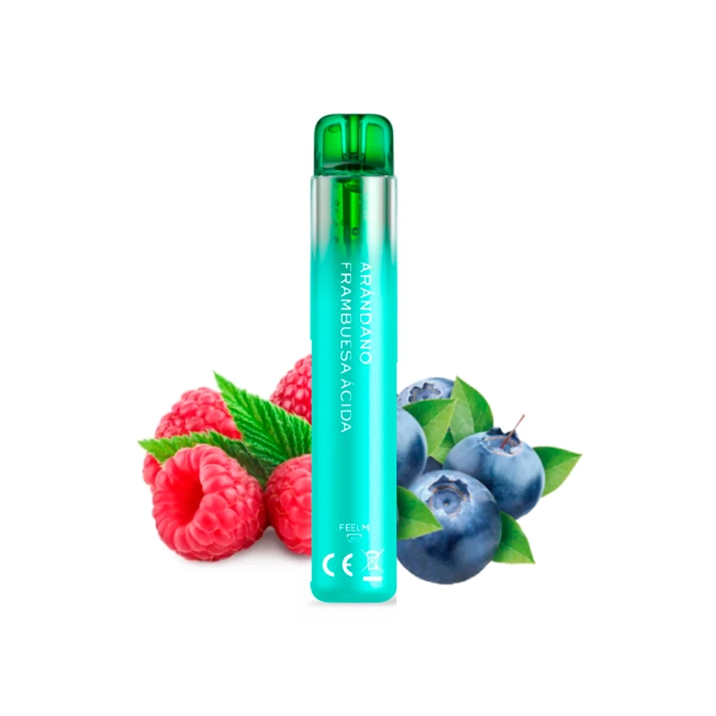 Vaper Vozol Neon turquesa con boquilla verde y texto «Arándano frambuesa ácida», rodeado de frutos y hojas. Vaper Vozol Neon turquesa con boquilla verde y texto «Arándano frambuesa ácida», rodeado de frutos y hojas.