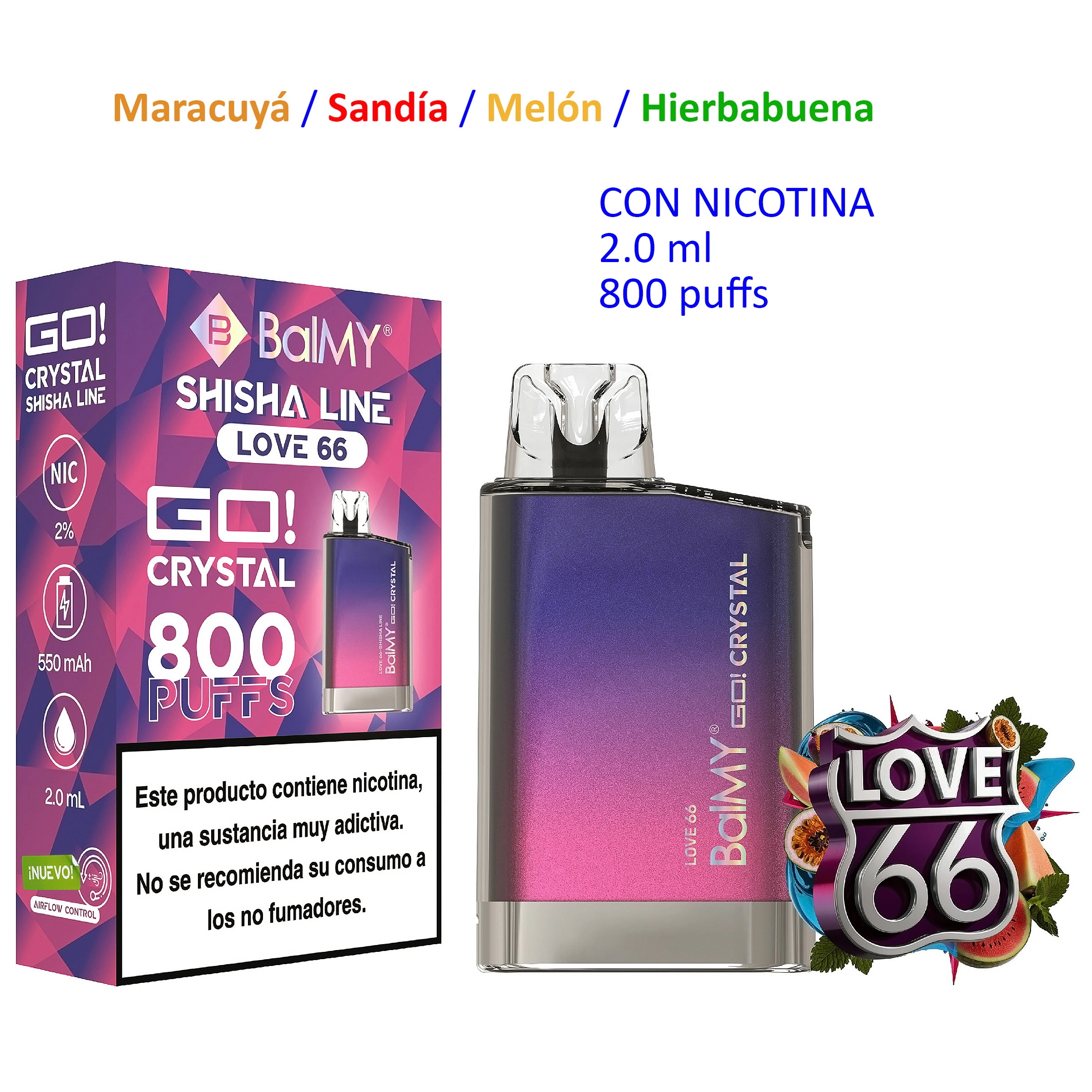 Vaper BALMY GO! Crystal con degradado violeta y rosa junto a su caja, ambos rotulados Love 66 y con indicación de 800 caladas.