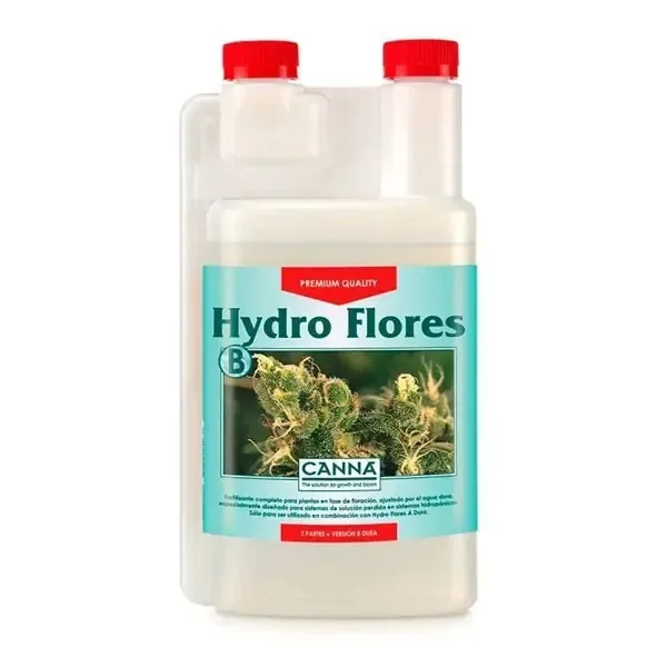 Envase de Hydro Flores Dura B CANNA con doble tapón rojo y etiqueta turquesa con una fotografía de flores de cannabis.