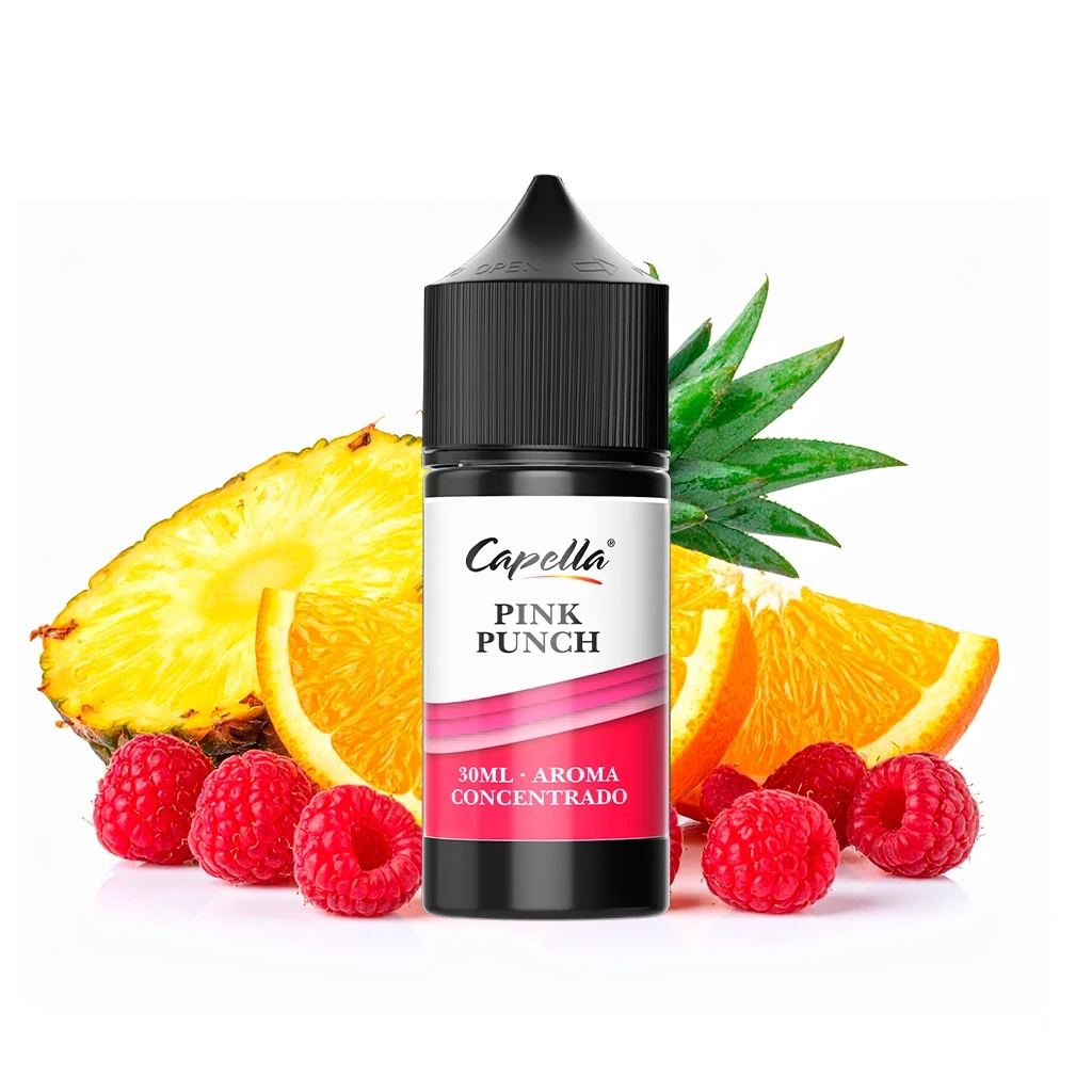 Frasco de aroma Pink Punch de Capella con tapón negro y etiqueta de 30 ml, rodeado de piña, gajos de naranja y frambuesas.