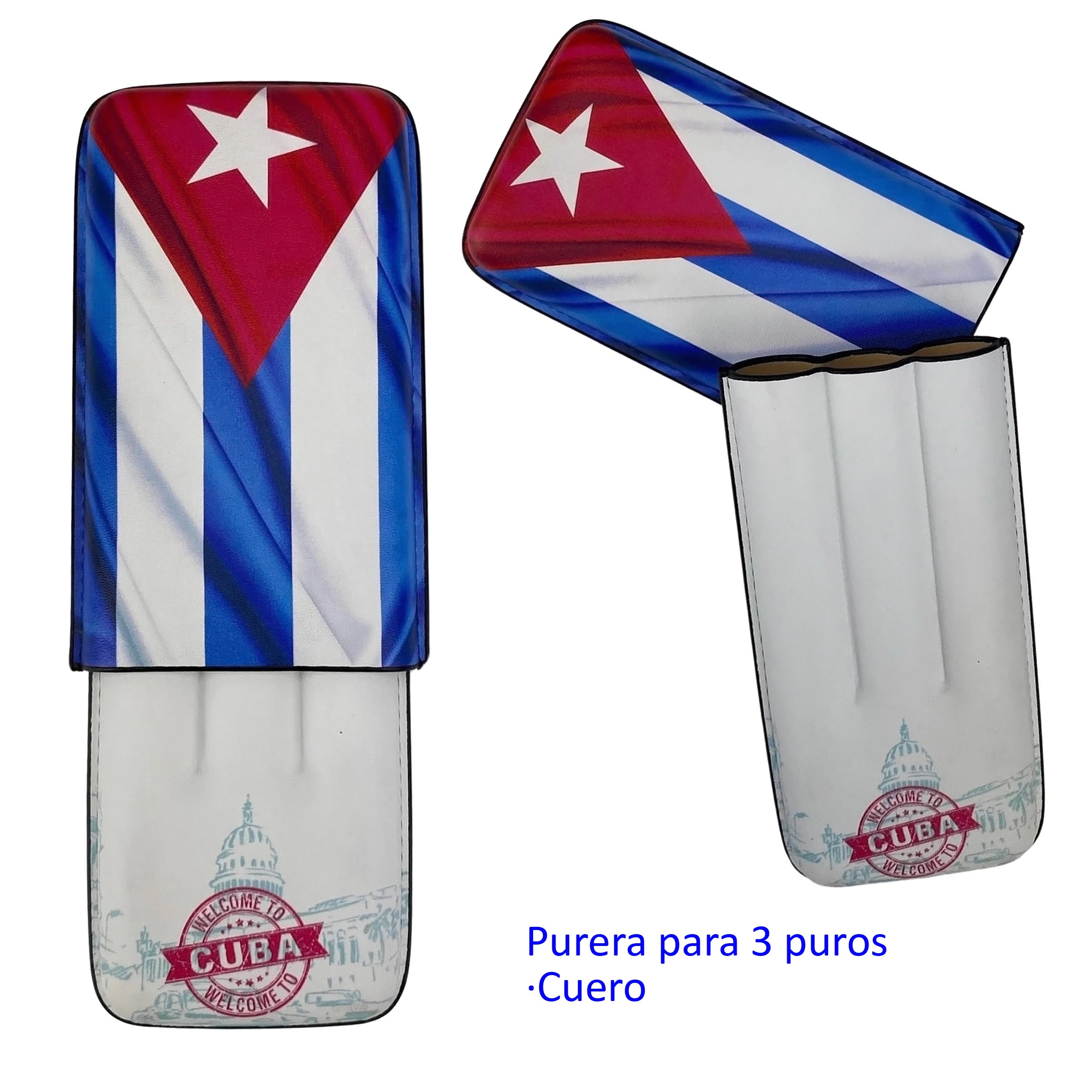 Purera Cuba para tres puros mostrada abierta y cerrada, con la bandera cubana en la tapa y motivos de La Habana en la base.