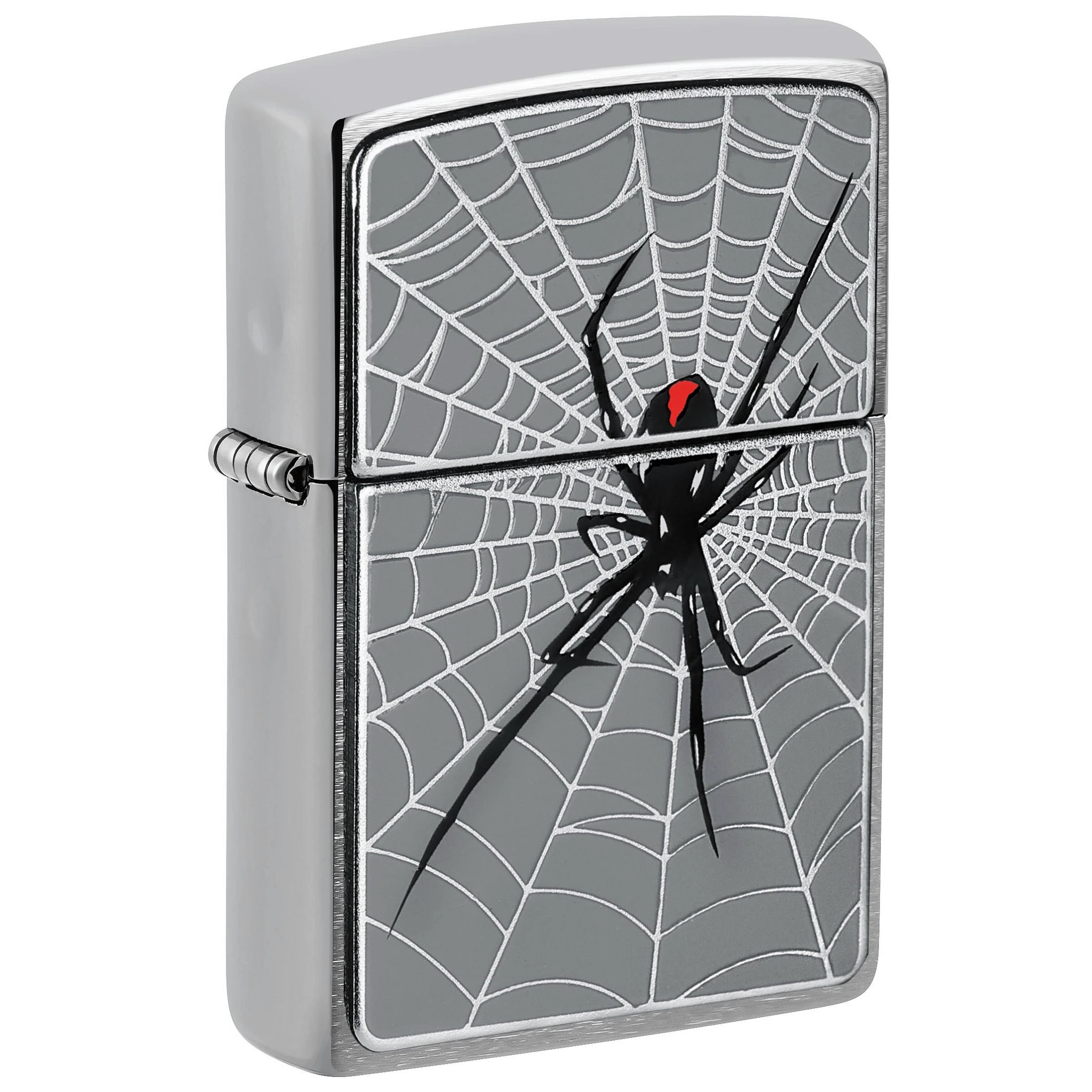 Encendedor Zippo cerrado, visto en ángulo, con una telaraña plateada sobre fondo gris y una araña negra con marca roja.