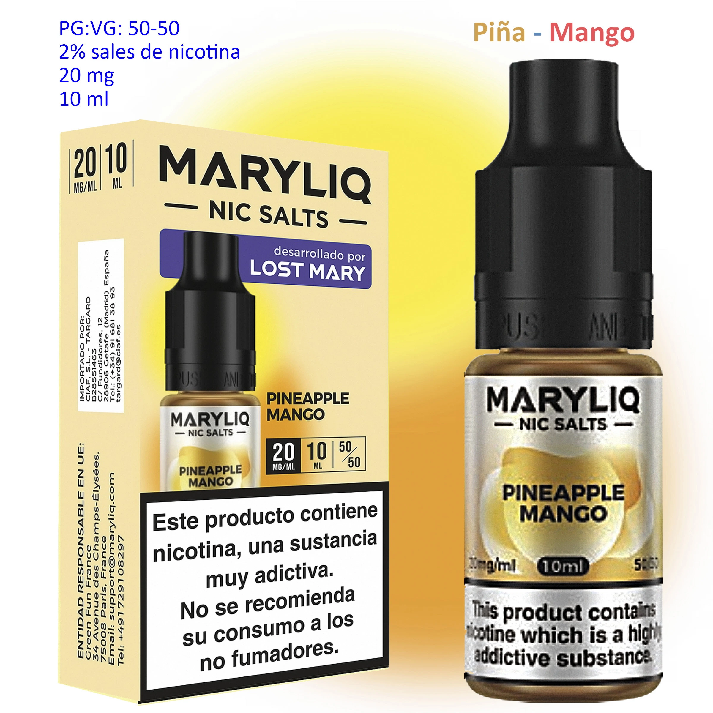 Frasco y caja amarilla de sales de nicotina MARYLIQ Pineapple Mango, con tapón negro y etiquetas de 10 ml y 20 mg/ml.
