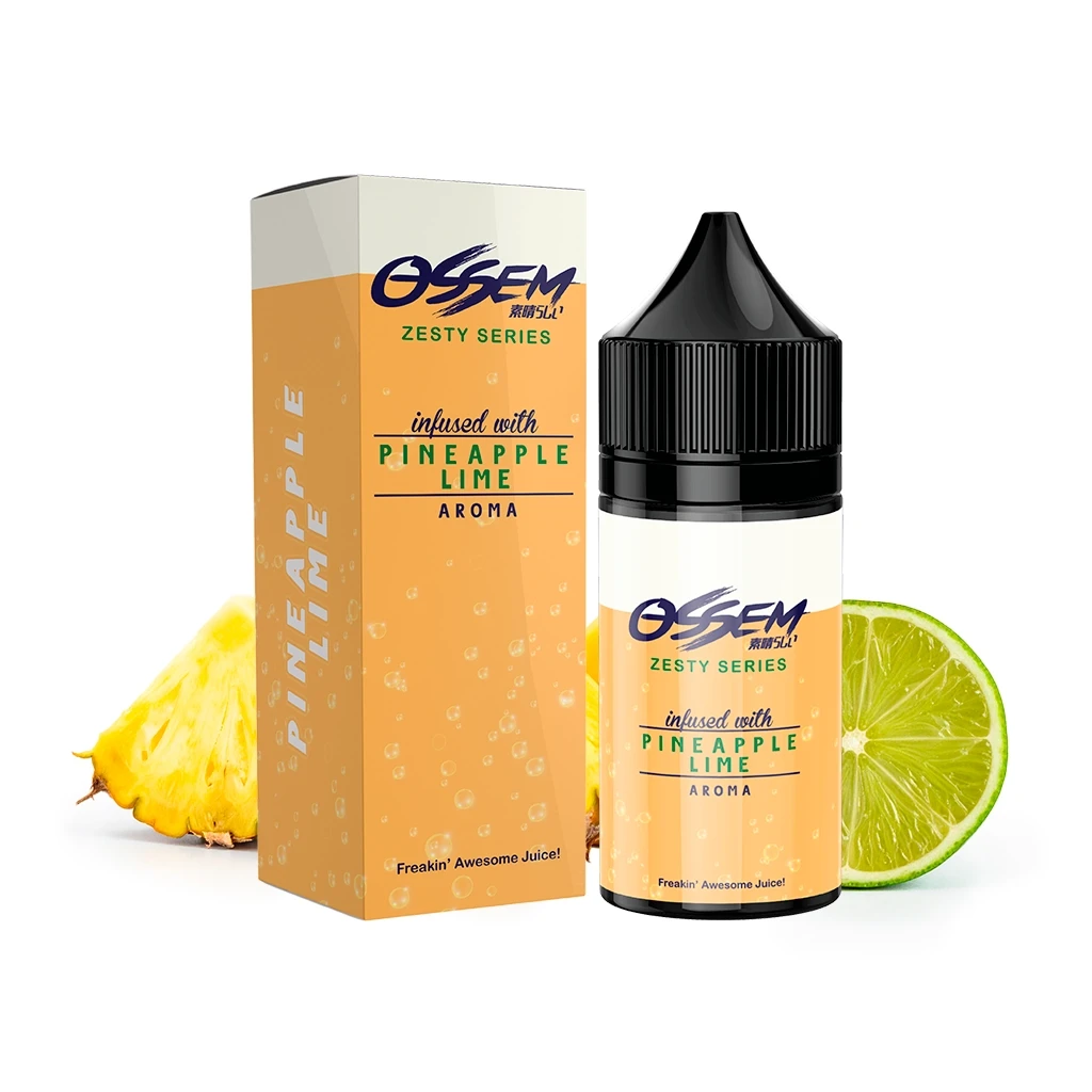 Frasco Ossem Pineapple Lime con tapón negro junto a su caja amarilla, una porción de piña y media lima sobre fondo blanco.