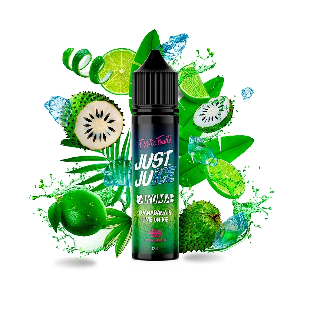 Botella de Just Juice Exotic Fruits Guanábana Lime Ice de 12 ml, rodeada de guanábanas, limas, hojas, cubitos y salpicaduras verdes.