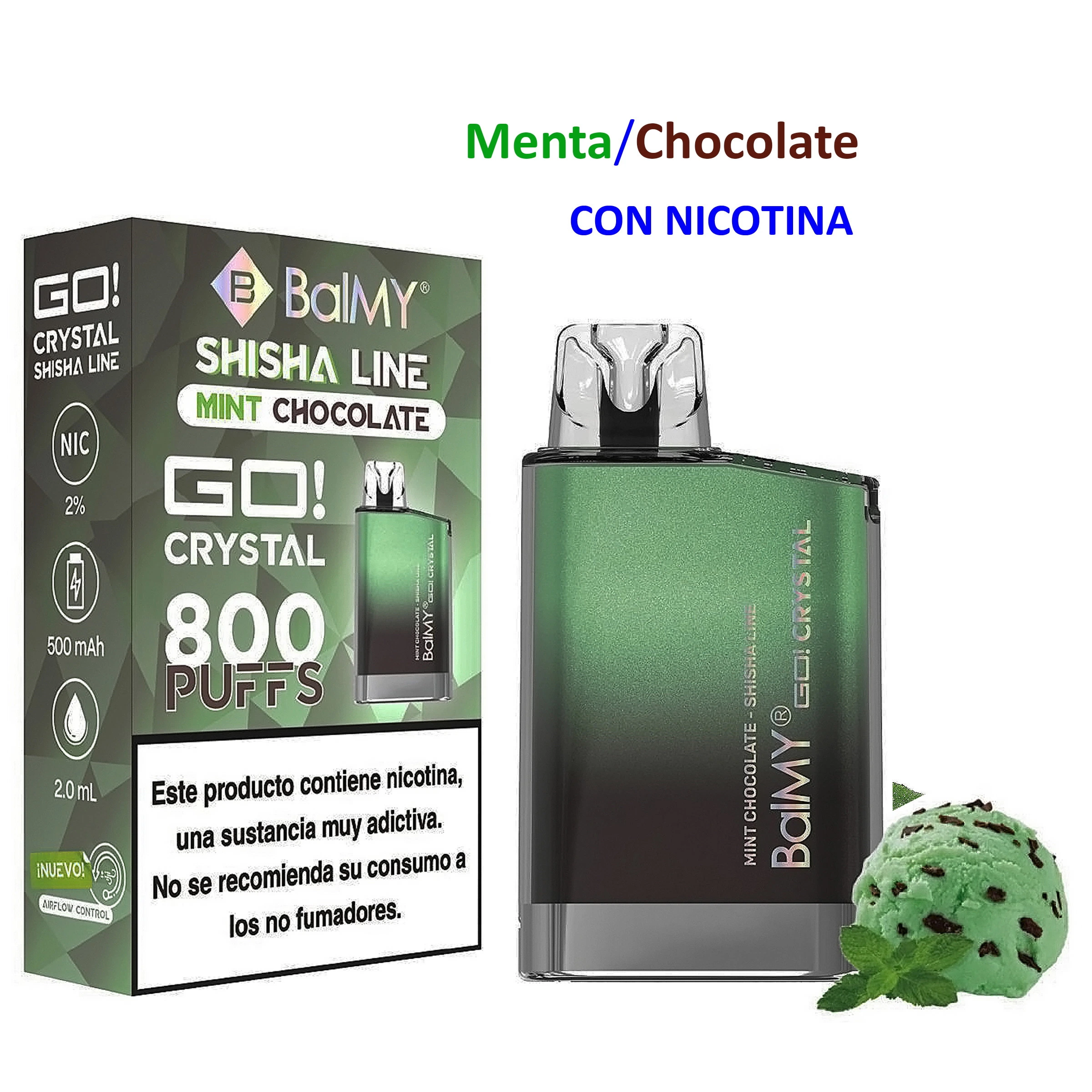 Vaper BALMY GO CRYSTAL Mint-Chocolate verde y negro junto a su caja, con texto «800 PUFFS», aviso de nicotina y helado de menta con chocolate.