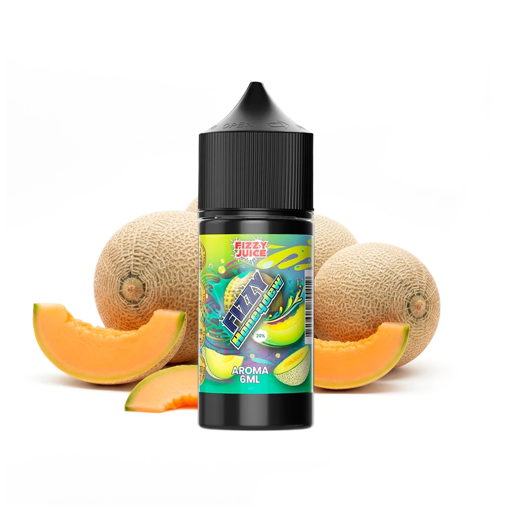 Frasco negro de Fizzy Juice Honeydew Longfill con etiqueta verde y texto «Aroma 6 ml», rodeado de melones enteros y cortados.