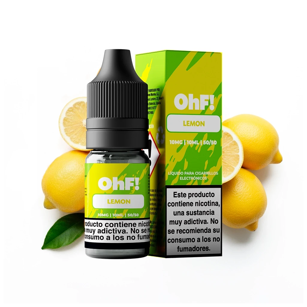 Frasco y caja de OhF! Lemon en verde y amarillo, con advertencia de nicotina visible, rodeados de limones enteros y cortados.