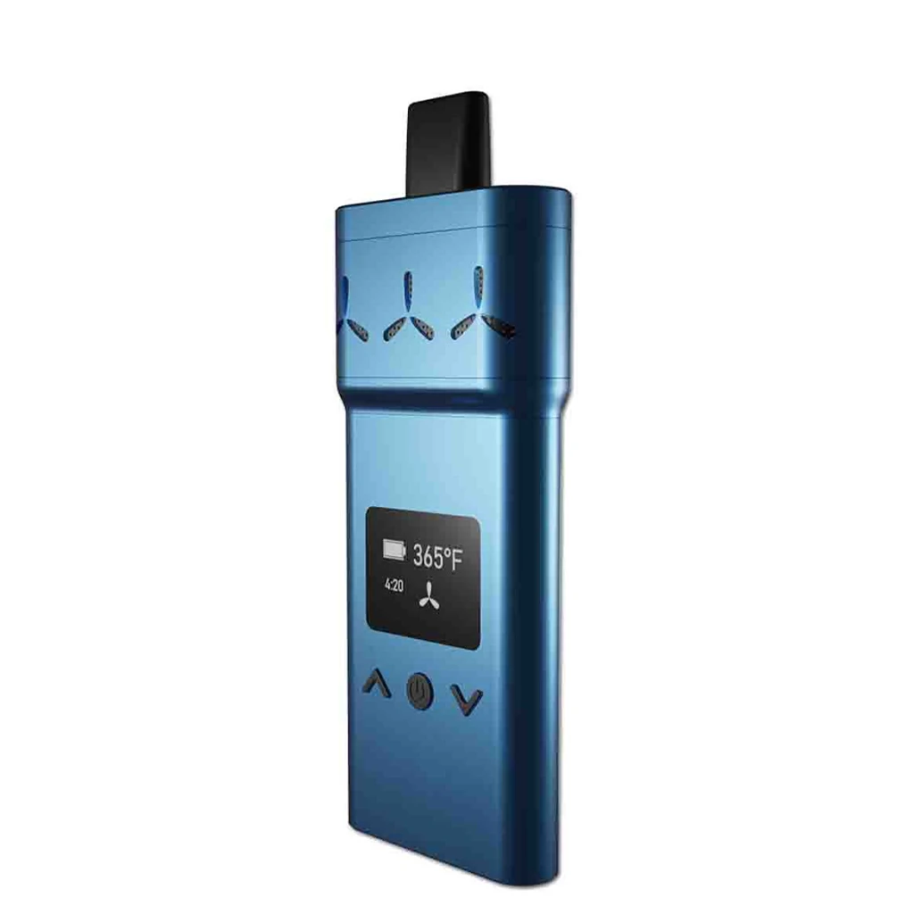 Vaporizador Airvape X Royal Blue en vista oblicua, con boquilla negra, pantalla que indica 365 °F y botones frontales.