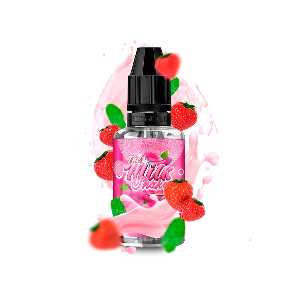 Frasco The Milkshake con tapón negro y etiqueta rosa, rodeado de fresas, hojas verdes y una salpicadura rosa sobre fondo blanco.