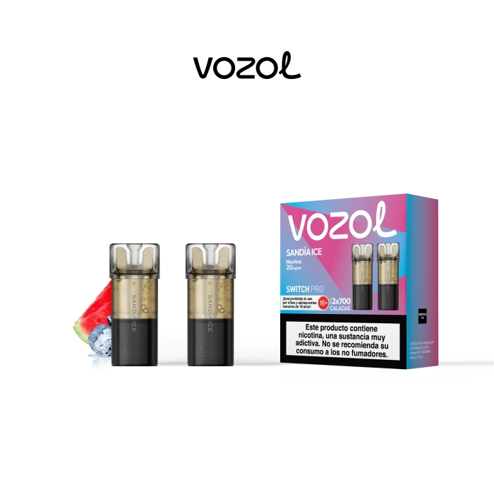 Pods Vozol Switch Pro Sandía Ice junto a su caja rosa y azul, con detalles de sandía y hielo y una advertencia sobre nicotina.