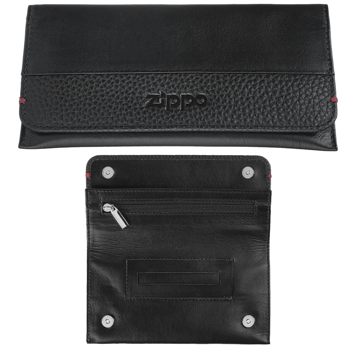 Tabaquera negra Zippo NAPA 6058 mostrada cerrada y abierta, con solapa texturizada, bolsillo con cremallera y cierres circulares.