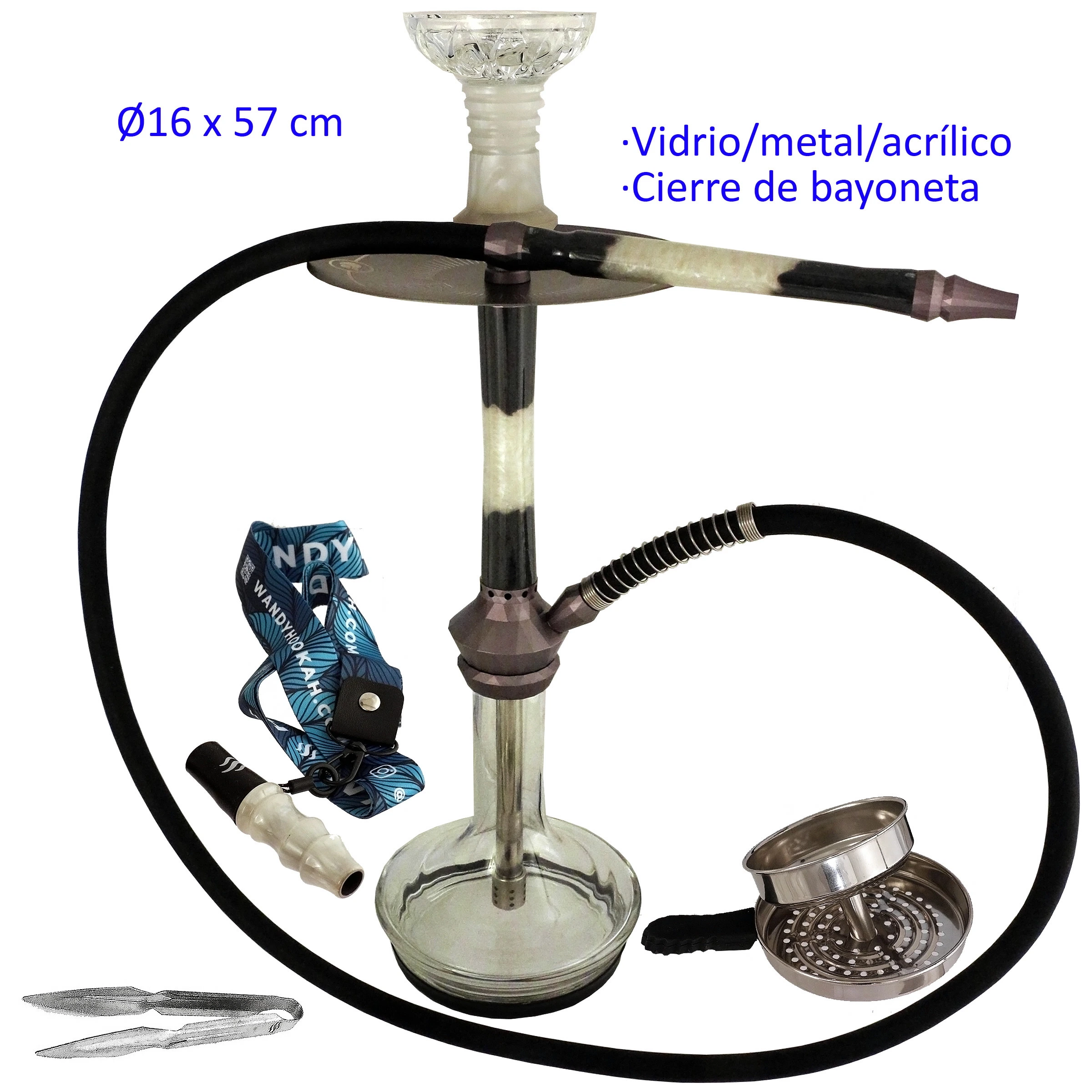 Shisha blanca y negra con base transparente, manguera negra y boquilla alargada, junto a pinzas y accesorios sobre fondo blanco.