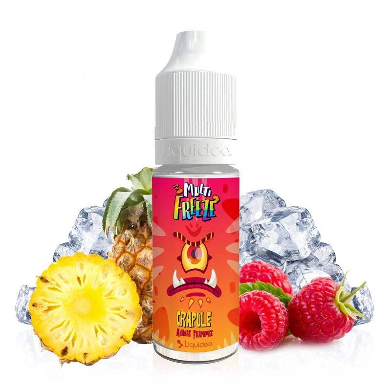 Frasco de e-líquido Crapule Multi Freeze Liquideo con tapón blanco y etiqueta roja y naranja, rodeado de piña, frambuesas y cubitos de hielo.