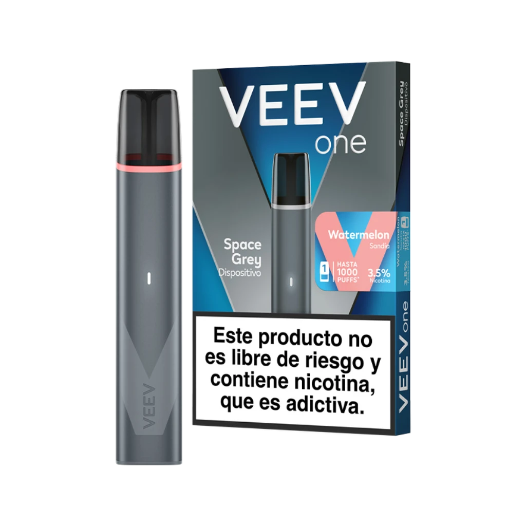 VEEV One gris junto a su caja Watermelon, con advertencia sobre nicotina y etiqueta visible de 3,5 %.