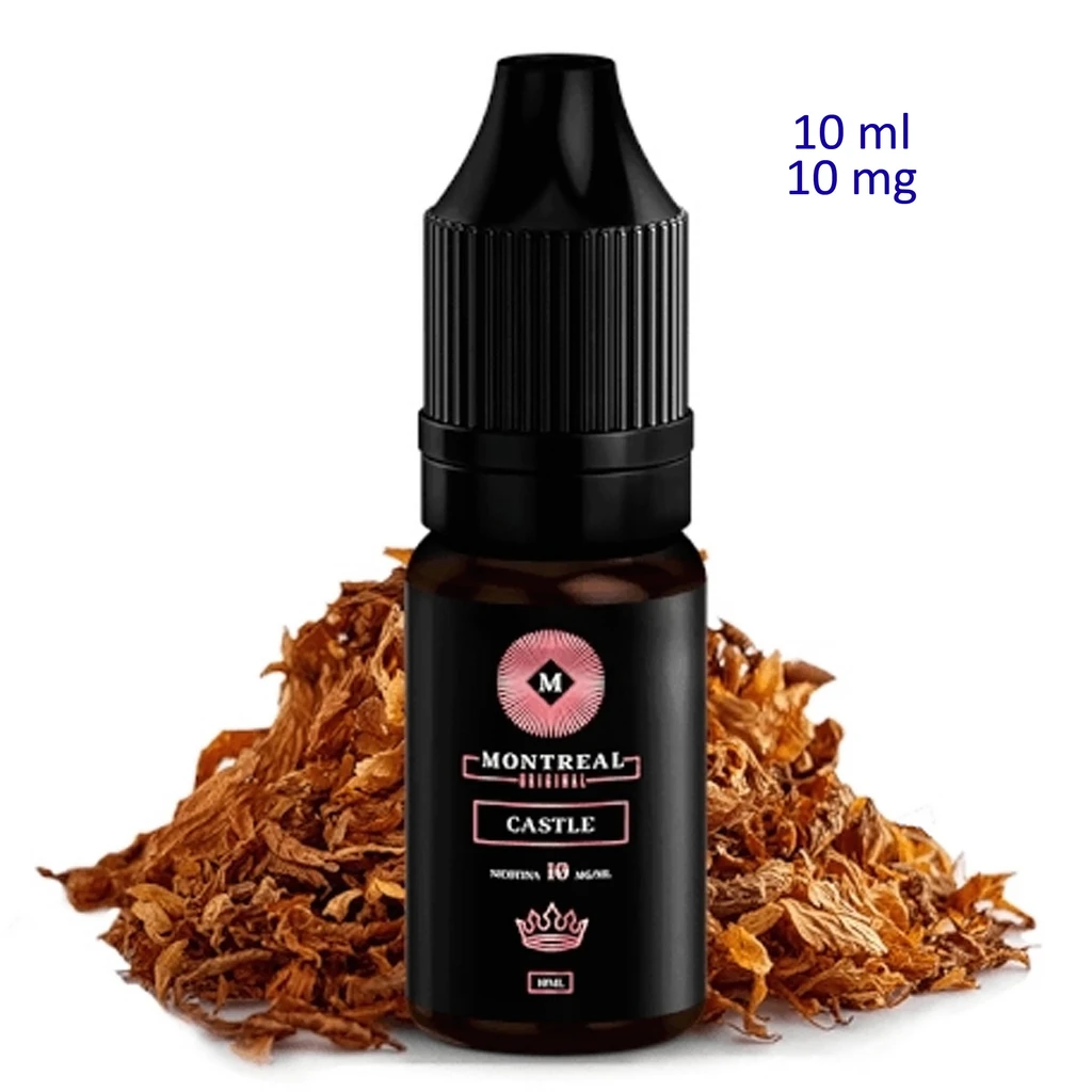 Frasco de Montreal Original Castle con tapón negro y etiqueta rosa sobre un montón de tabaco; texto lateral de 10 ml y 10 mg.