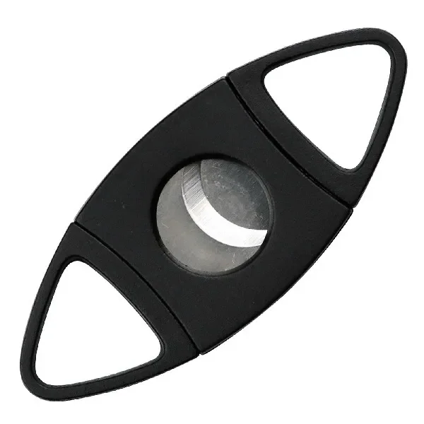 Cortapuros negro de forma elíptica, con abertura circular, cuchilla metálica visible y asas triangulares, sobre fondo blanco.