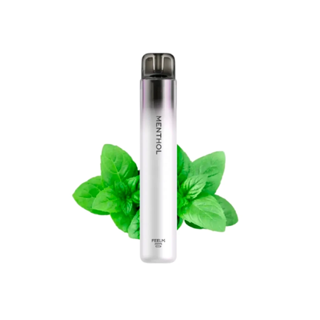 Vaper Neon Menthol de cuerpo plateado y boquilla oscura, con el texto MENTHOL en vertical y hojas verdes detrás.