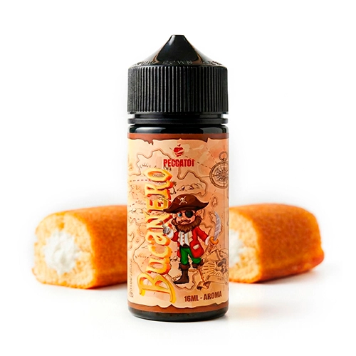 Bote de Peccato Originale Bucanero de 16 ml con tapón negro y etiqueta con un pirata, delante de bizcochos rellenos de crema.