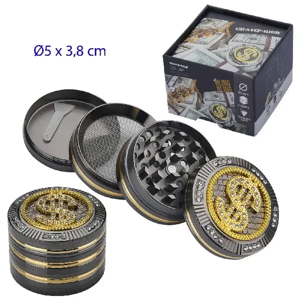 Grinder CHAMP-HIGH dollar negro y dorado, mostrado cerrado y desmontado, con dientes, malla y tapa decorada con un símbolo de dólar.