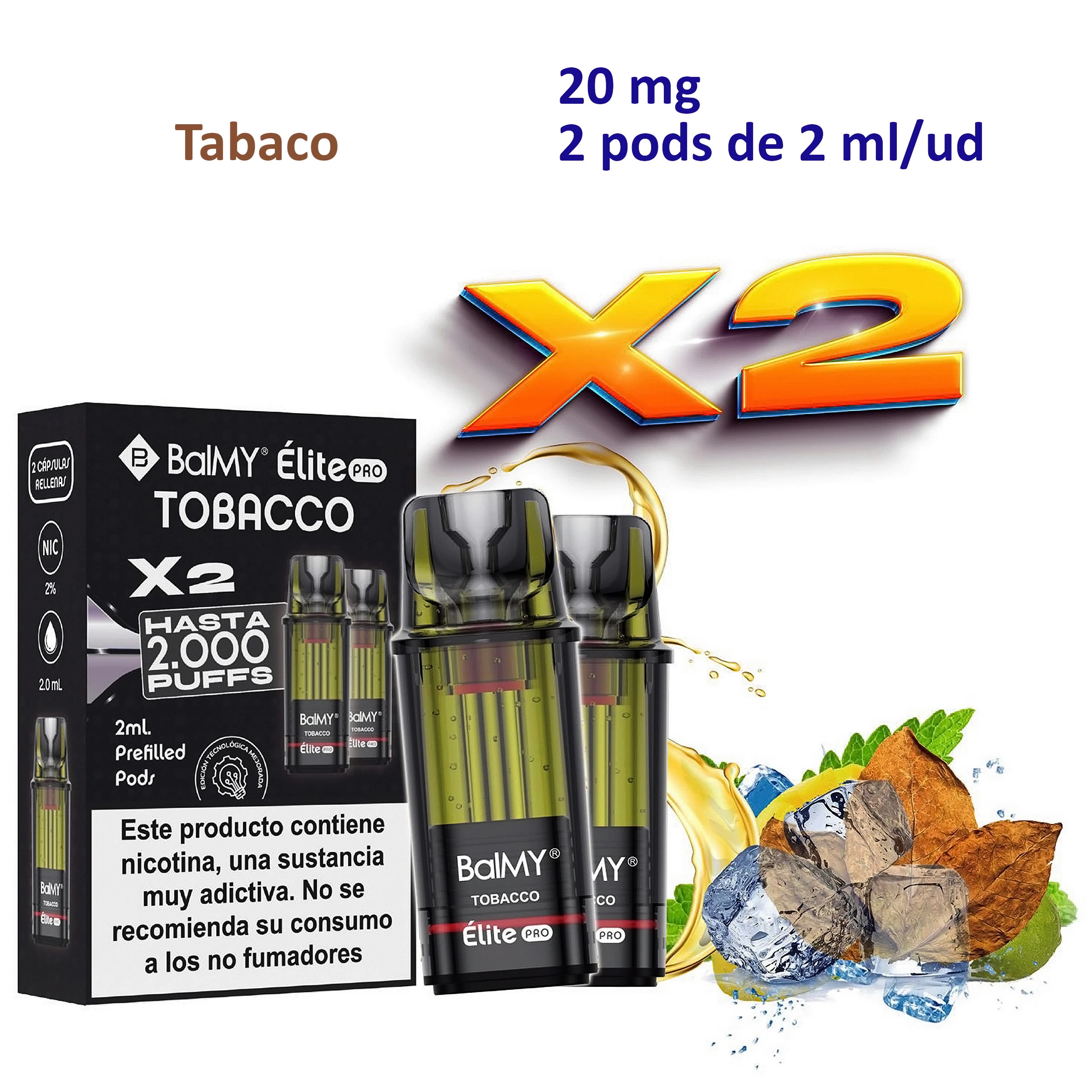 Pods BALMY ÉLITE PRO Tobacco junto a su caja, con texto de 20 mg y 2 ml por unidad, aviso sobre nicotina y hojas de tabaco decorativas.